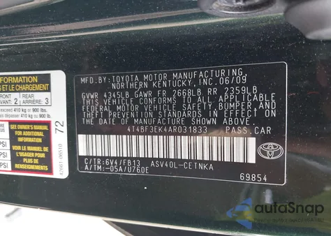 2010 Toyota Camry Le из США, поврежденный, VIN 4T4BF3EK4AR031833